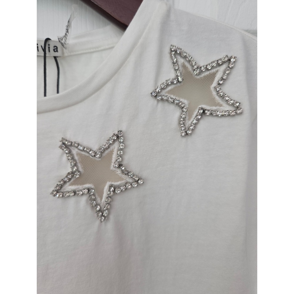 Alice + Olivia T-Shirt Cindy Crystal Star Embellished Women L Off White NWT $225 - Picture 3 of 8